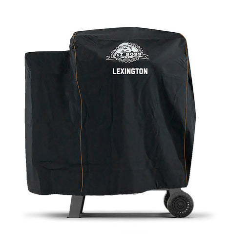 Black Pit Boss Lexington grill cover on wheeled cart.