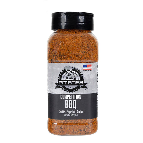 Black bottle of Pit Boss Competition BBQ seasoning with garlic, paprika, and onion flavors.