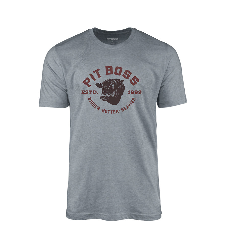 Gray Pit Boss t-shirt with "ESTD. 1999" and "BIGGER HOTTER HEAVIER" design.