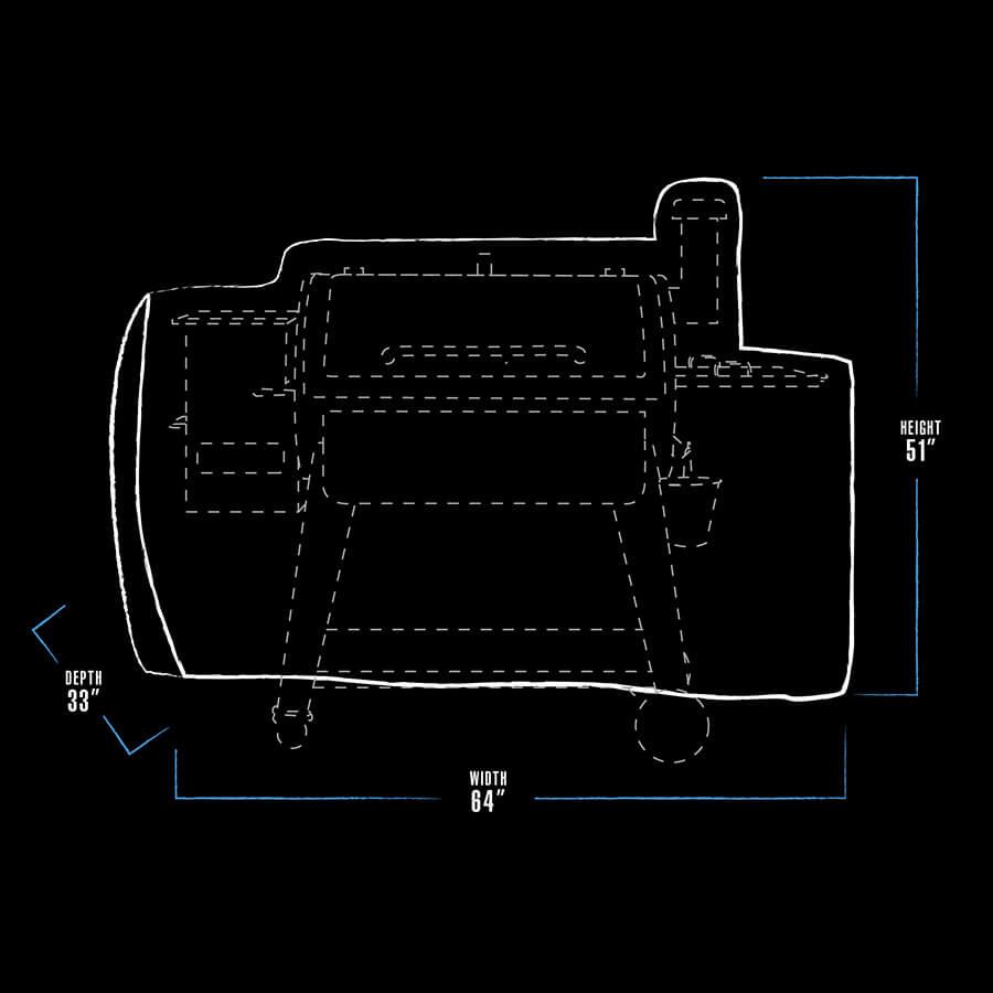 "White outline diagram of a 64" wide, 51" tall, and 33" deep product with internal details."