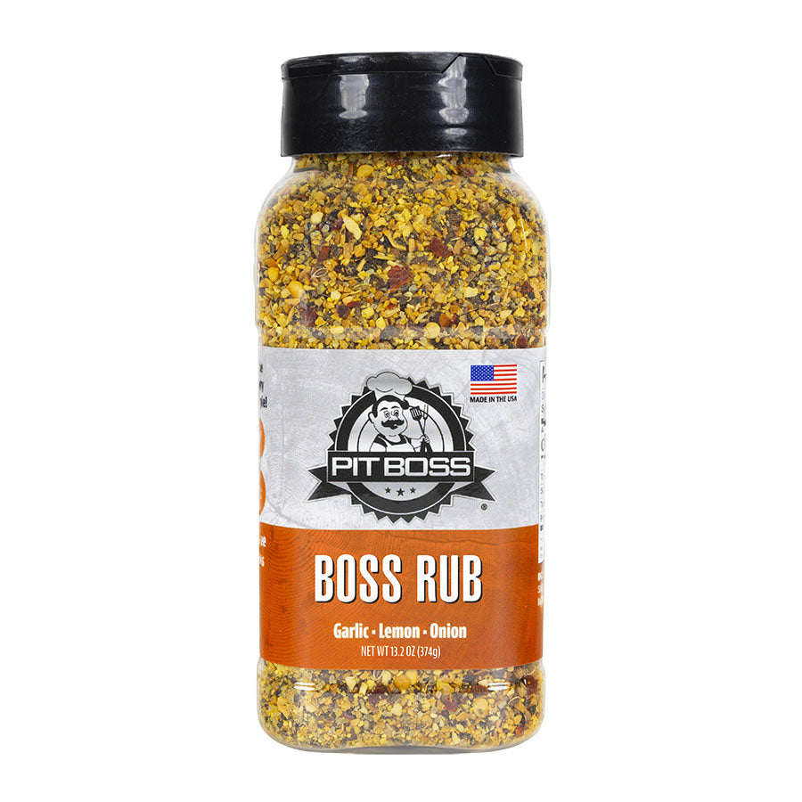 Clear plastic bottle of Pit Boss Boss Rub seasoning blend with garlic, lemon, and onion flavors.