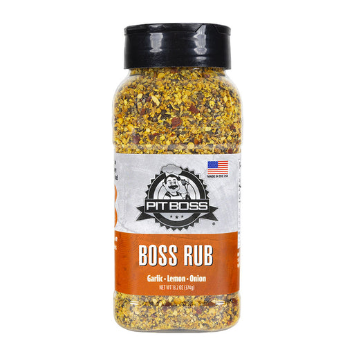 Clear plastic bottle of Pit Boss Boss Rub seasoning blend with garlic, lemon, and onion flavors.