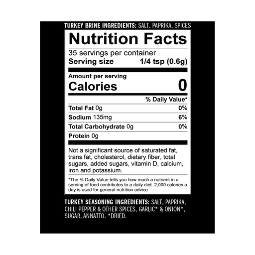 Black label showing turkey brine and seasoning ingredients with nutrition facts.