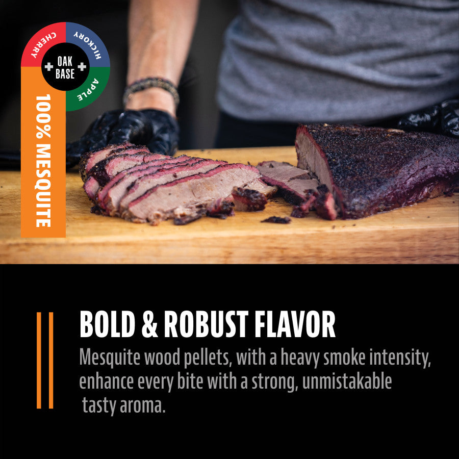 Sliced smoked brisket on a wooden board, highlighting bold flavor from 100% mesquite wood pellets.