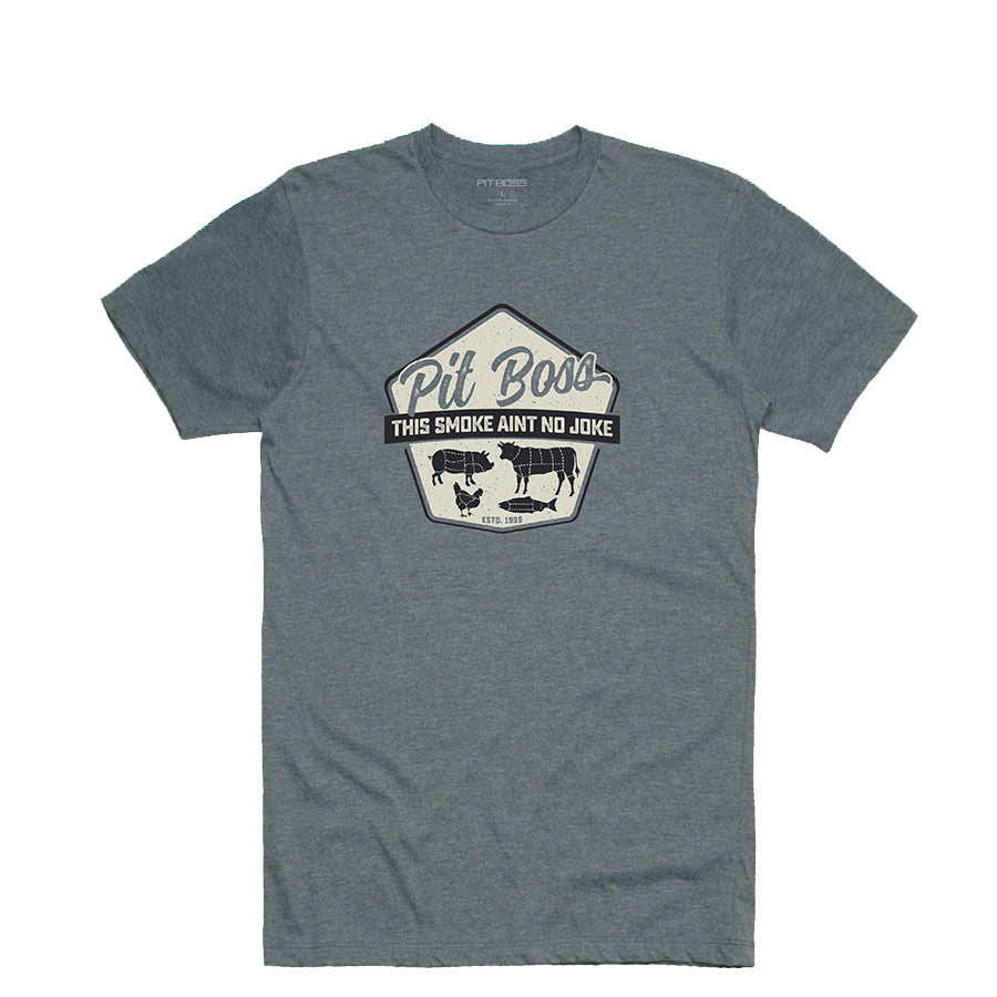 Gray Pit Boss t-shirt with "This Smoke Ain't No Joke" design.