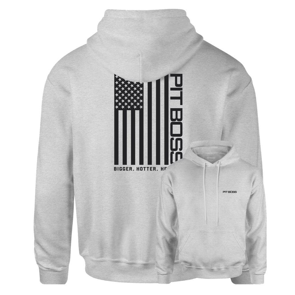 White Pit Boss hoodie with American flag design and "Bigger. Hotter. HF" text.