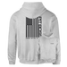 White Pit Boss hoodie with American flag design and "Bigger. Hotter. HF" text.
