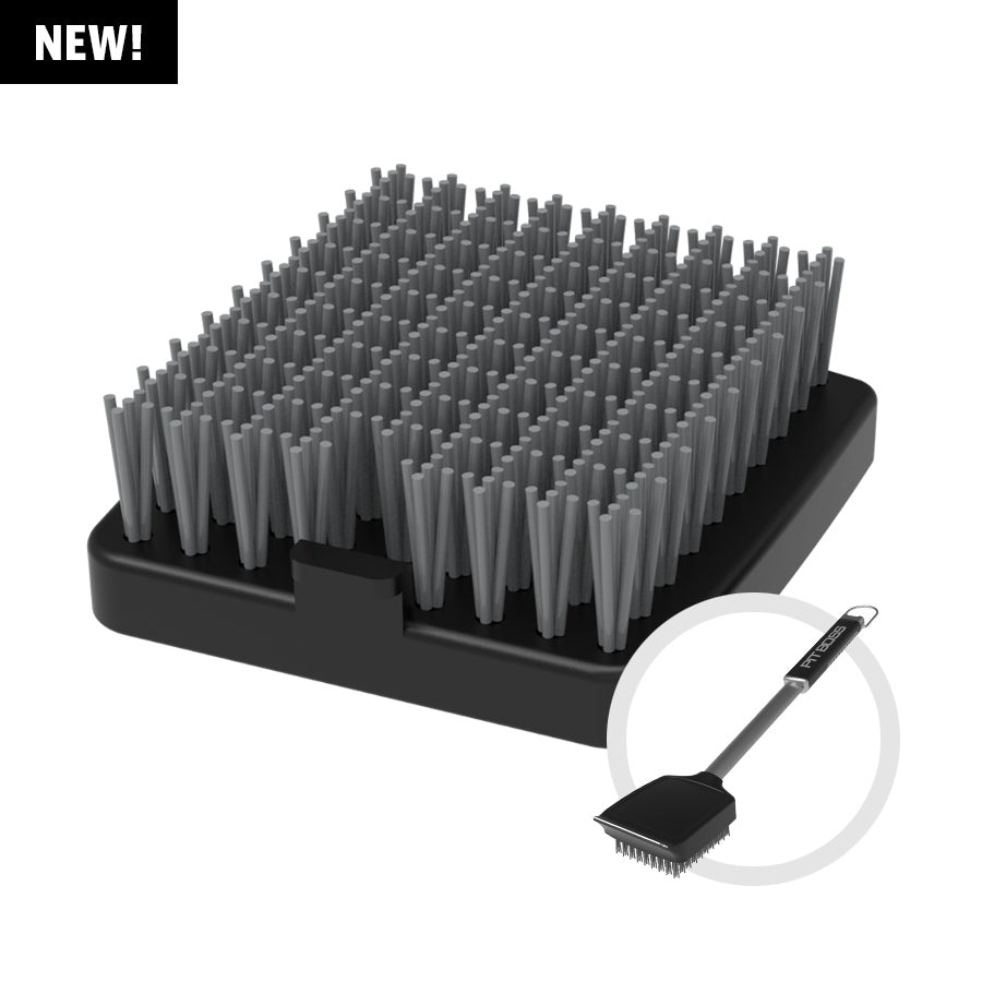 Black grooming brush with dense bristles and handle.