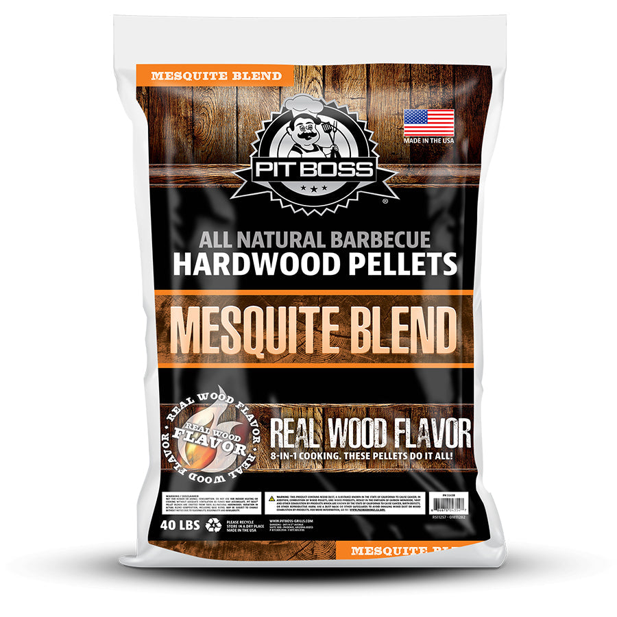 White bag of Pit Boss Mesquite Blend All Natural Barbecue Hardwood Pellets, 40 lbs.