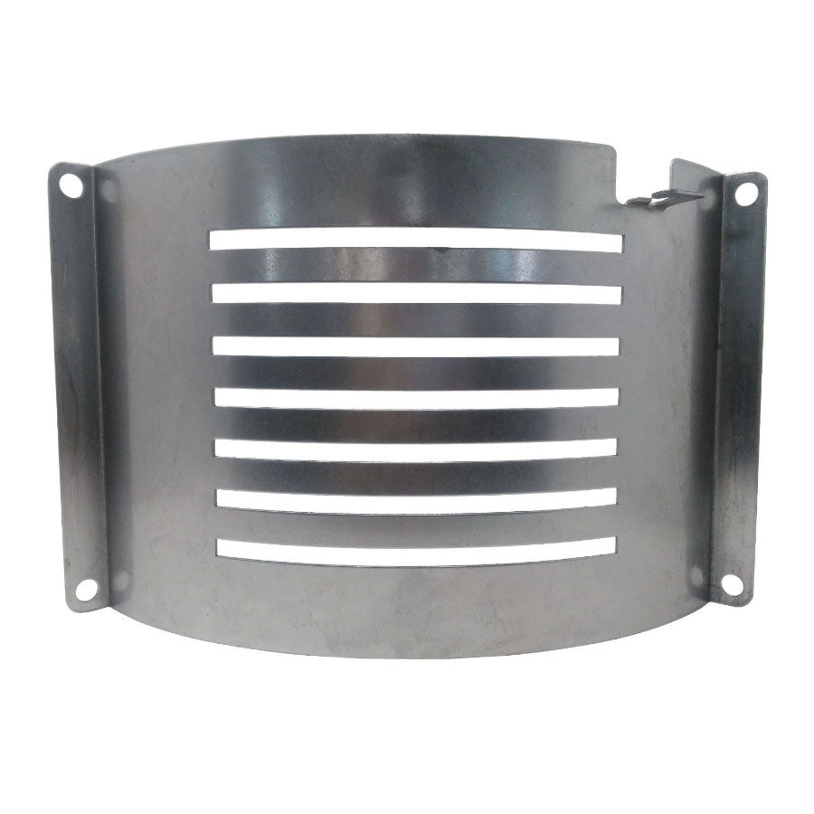 Silver metal vent cover with horizontal slats and mounting brackets.