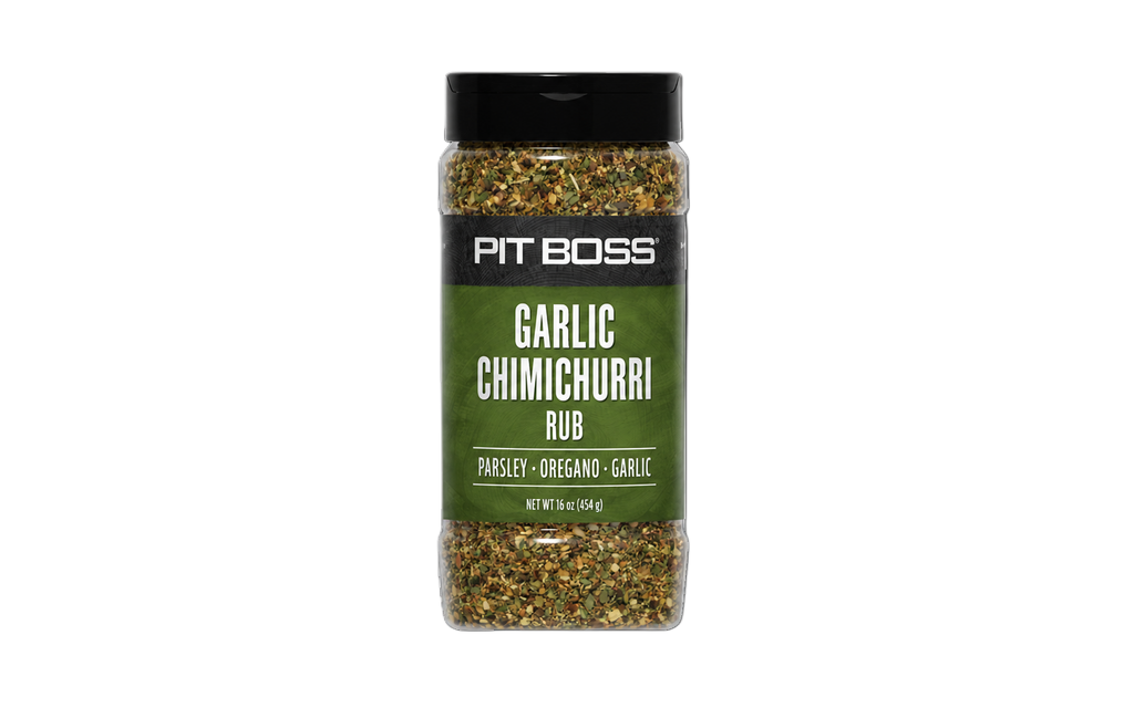 Pit Boss Garlic Chimichurri Rub, 16 oz. Clear plastic bottle with green label, visible herb blend inside.