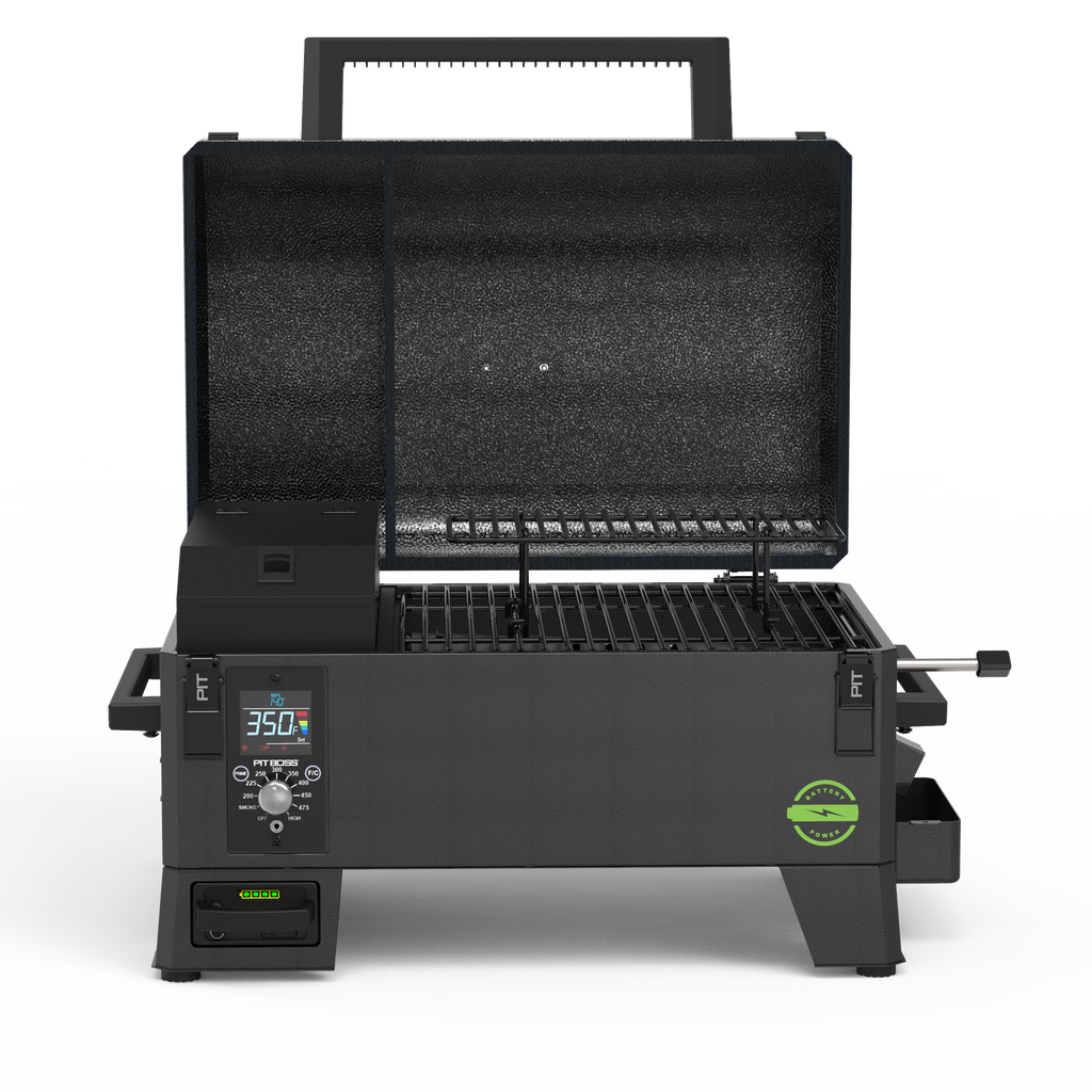 Portable black pellet grill with digital control panel, open lid, grill grates, and sturdy handle. Temperature set to 350°F.