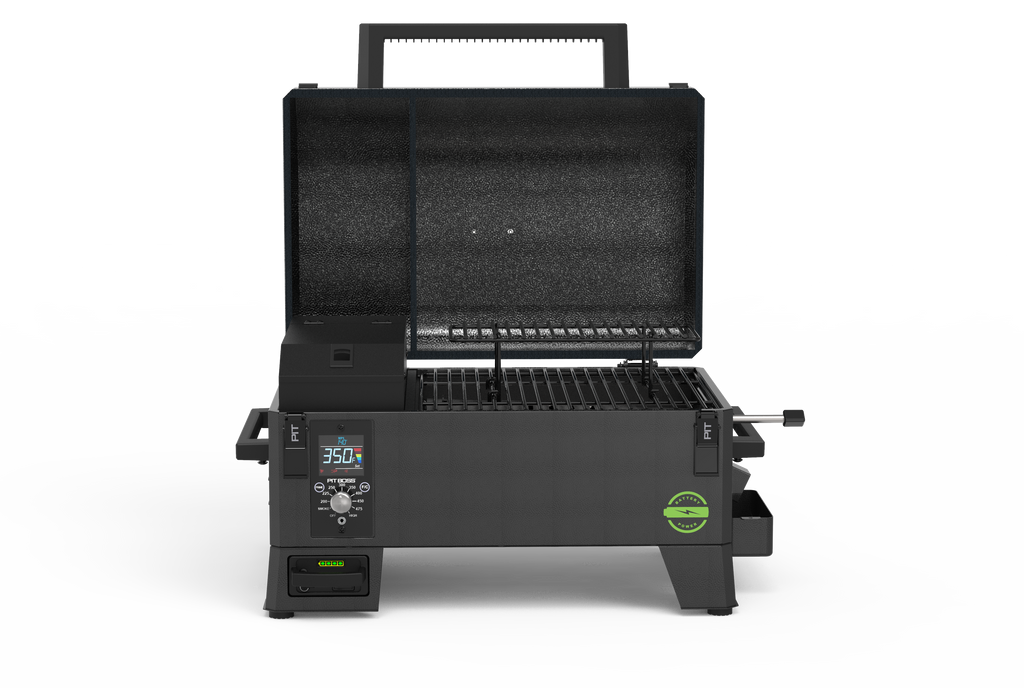 Portable black pellet grill with digital control panel, open lid, grill grates, and sturdy handle. Temperature set to 350°F.