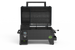 Portable black pellet grill with digital control panel, open lid, grill grates, and sturdy handle. Temperature set to 350°F.