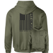 Olive green Pit Boss hoodie with American flag design and "BIGGER. HOTTER. HE..." text.