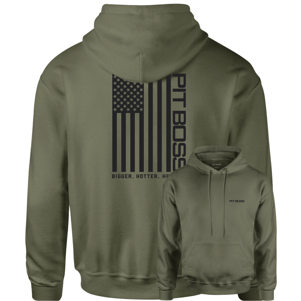 Olive green Pit Boss hoodie with American flag design and "BIGGER. HOTTER. HE..." text.