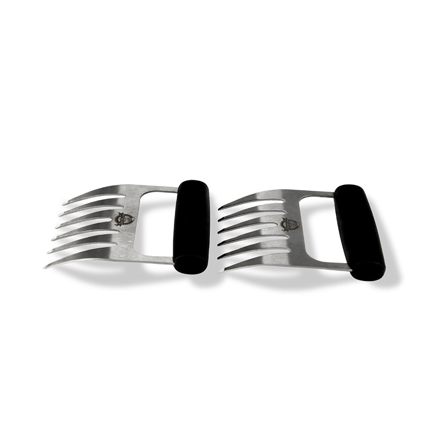 Black-handled stainless steel meat fork with logo.