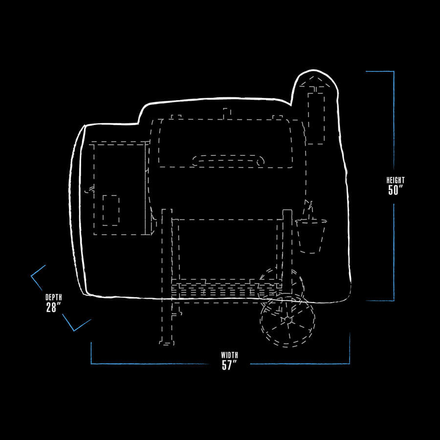 White diagram of a vehicle with dimensions: height 50", width 57", depth 28".