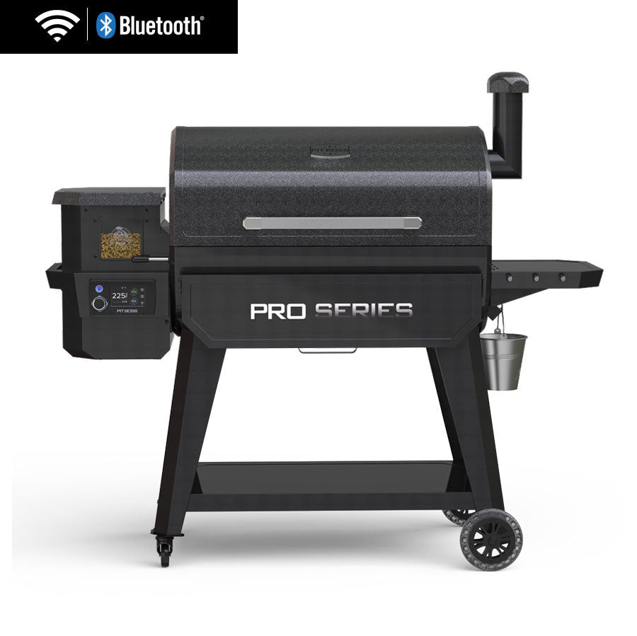 Black Traeger Pro Series pellet grill with Bluetooth connectivity.