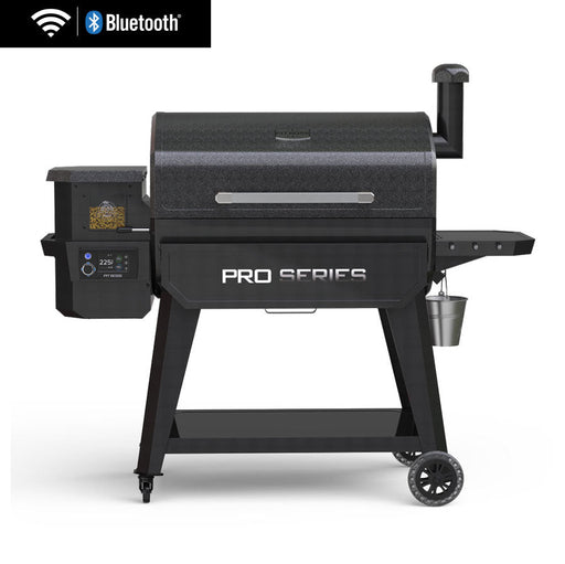 Black Traeger Pro Series pellet grill with Bluetooth connectivity.