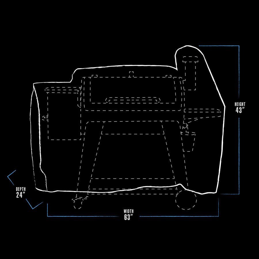 "White outline of a rectangular object with dimensions: width 63", depth 24", height 43"."