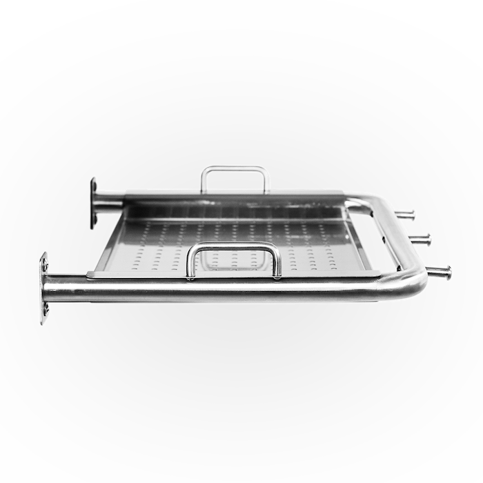 Stainless steel grill tray with handles and side supports.