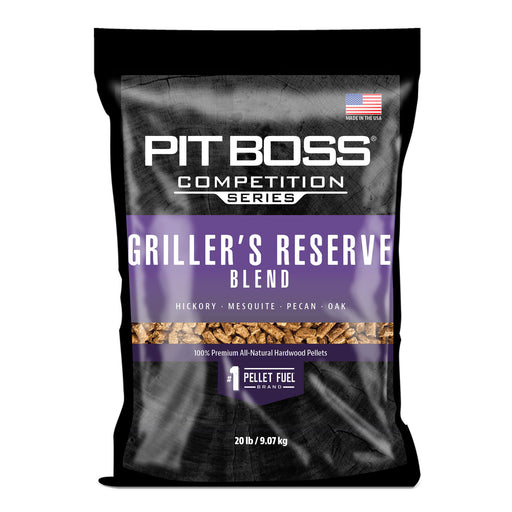 Purple Pit Boss Competition Series Griller's Reserve Blend hardwood pellets.
