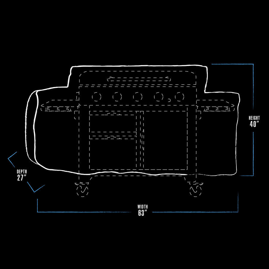 White outline of a rectangular table with dimensions: 63" width, 27" depth, 40" height.