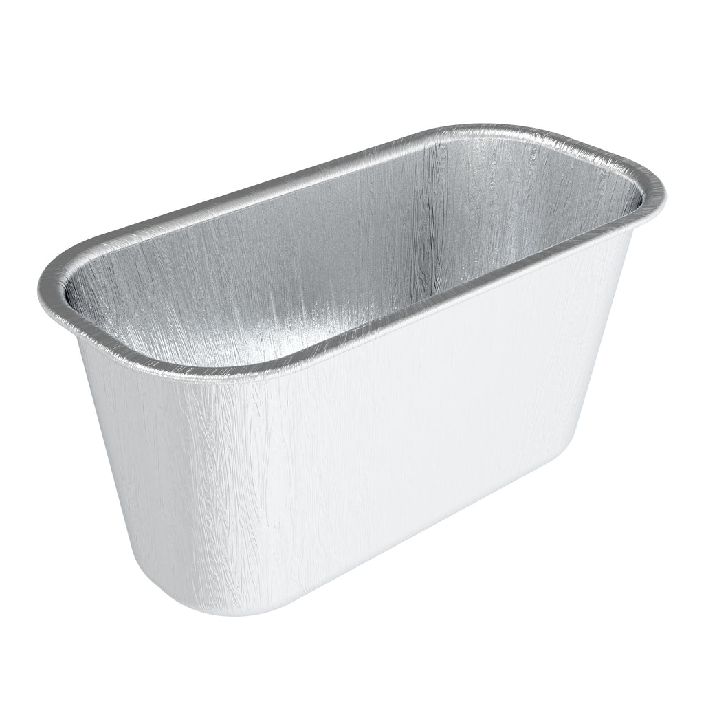 Rectangular disposable aluminum loaf pan with rounded edges and a smooth, shiny silver finish.