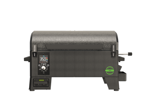 Compact black Pit Boss tabletop pellet grill with digital control panel and temperature display on the front.