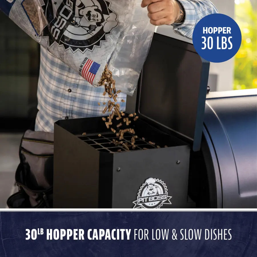 Black Pit Boss smoker with 30LB hopper capacity for low & slow dishes.