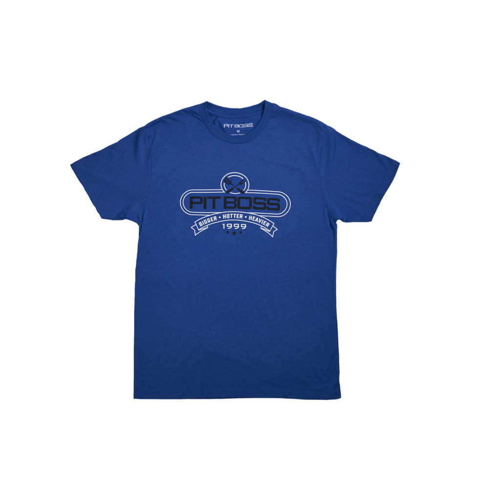 Blue Pit Boss t-shirt with "Bigger Hotter Heavier 1999" design.