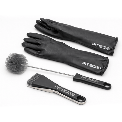 Pellet Grill Cleaning Kit. Includes chimney/burn pot scrubber, an ash broom with pan and scraper, and a pair of rubber cleaning gloves.