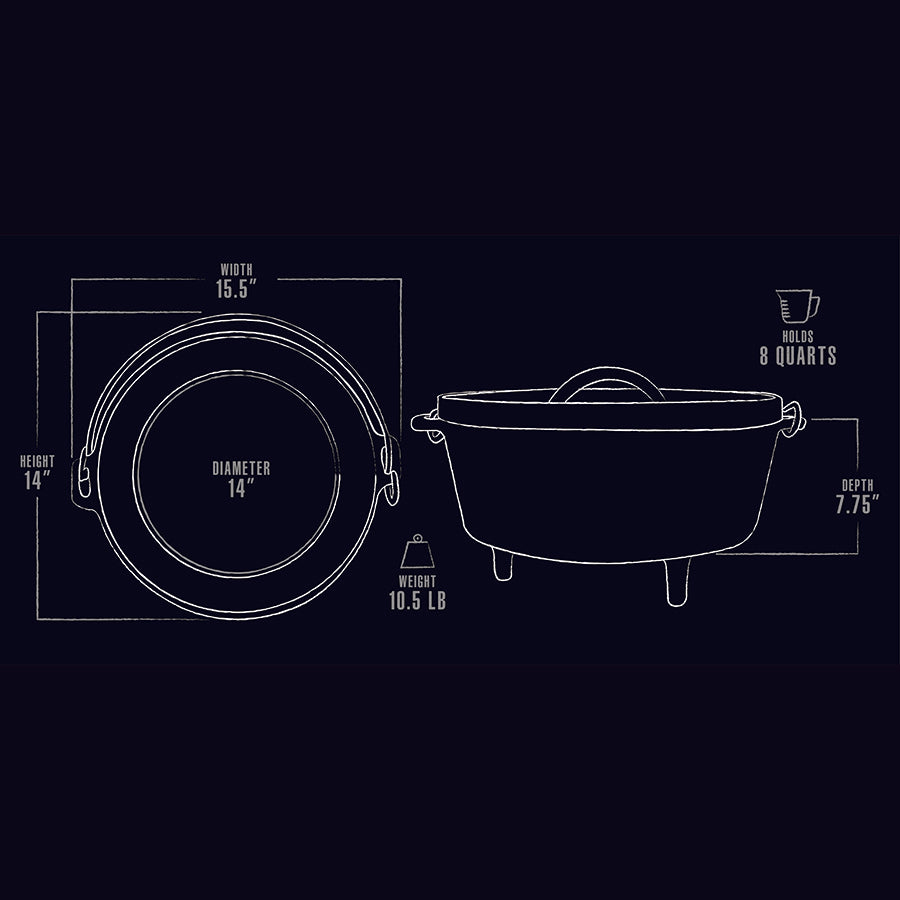 Black cast iron Dutch oven, 14" diameter, 14" height, 7.75" depth, 8-quart capacity, 10.5 lb weight.