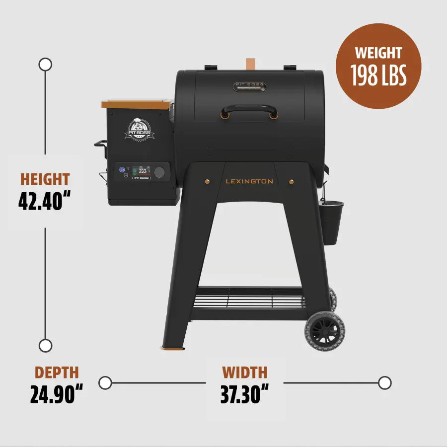 Black Pit Boss Lexington pellet grill, 42.40" tall, 37.30" wide, 24.90" deep, 198 lbs.