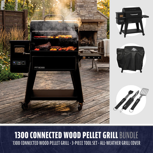 Pit Boss 1300 wood pellet grill bundle with grill, cover, and 3-piece tool set. Black, sturdy, outdoor-ready design.