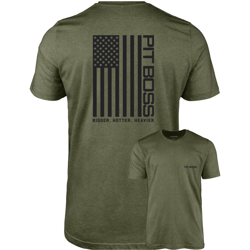 Green Pit Boss t-shirt with American flag and "BIGGER. HOTTER. HEAVIER" text.