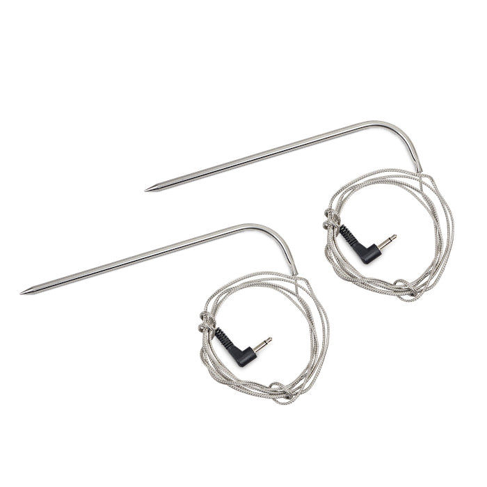 Silver meat thermometer probes with coiled cables and connectors.