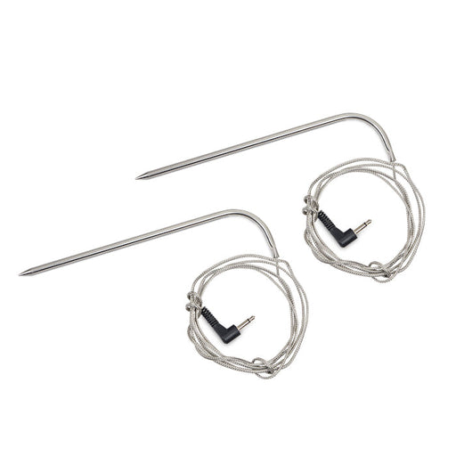 Silver meat thermometer probes with coiled cables and connectors.