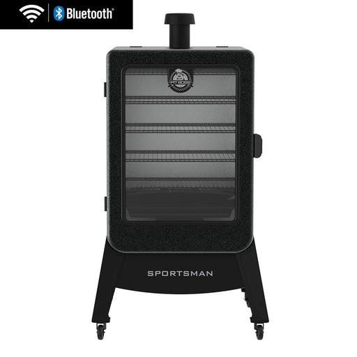 Black vertical electric smoker with glass door, four racks, WiFi and Bluetooth connectivity, labeled "Sportsman."
