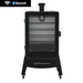 Black vertical electric smoker with glass door, four racks, WiFi and Bluetooth connectivity, labeled "Sportsman."