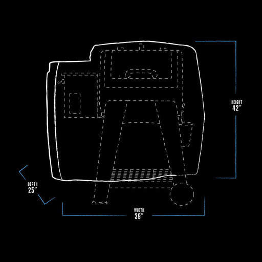 "White outline of a coffee machine with dimensions: height 42", width 39", depth 25"."