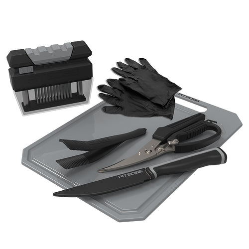 Pit Boss BBQ Food Prep Kit, black and grey with pit boss logos for grilling and smoking
