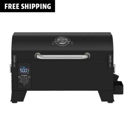 Pit Boss Portable Tabletop Pellet Grill, Black. Studio front view with digital control board and silver handle