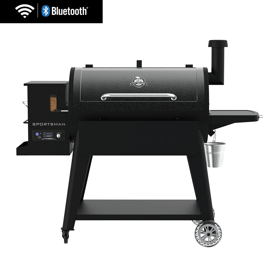 Black pellet grill with WiFi and Bluetooth, side hopper, chimney, control panel, and sturdy wheels for easy movement.