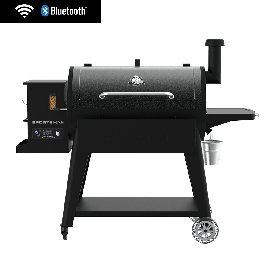 Black pellet grill with WiFi and Bluetooth, side hopper, chimney, control panel, and sturdy wheels for easy movement.