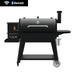 Black pellet grill with WiFi and Bluetooth, side hopper, chimney, control panel, and sturdy wheels for easy movement.