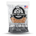 Front of bag. Black and brown background with white and grey lettering and design
