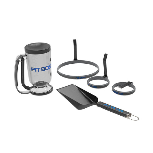 Ultimate Griddle Breakfast Kit. Includes  pancake dispenser, two 4" egg molds, one 8.25" omelet mold, and grub shovel with bottle opener