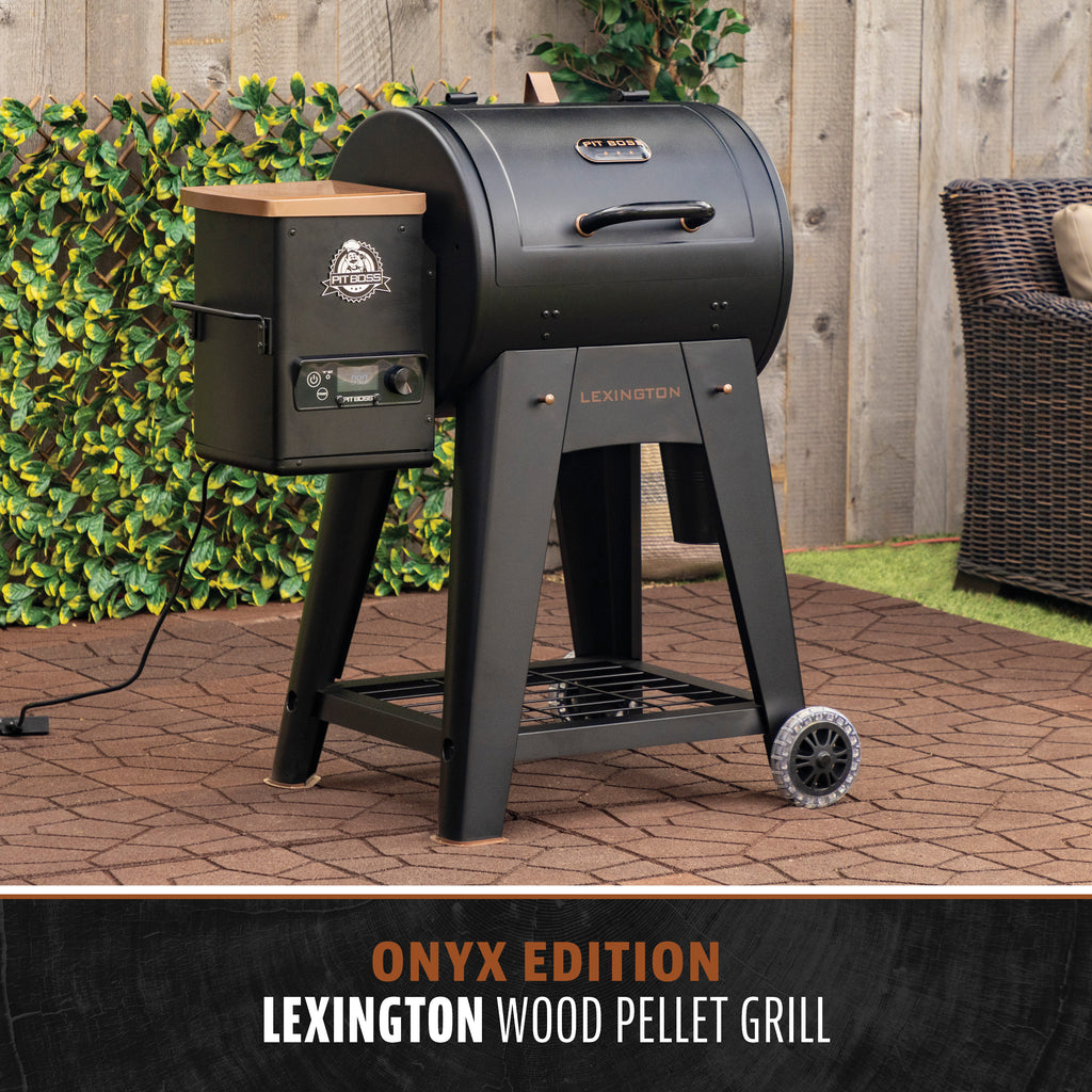 Black Pit Boss Lexington pellet grill with control panel and wheels.
